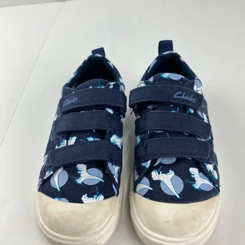 Clarks Youth Size 12.5W City Bright Hook and Loop Shoes Dinosaur Print Navy
